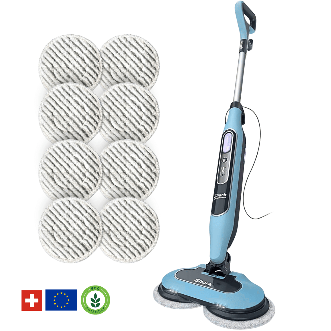 Shark® damp- og skuremopp – alt-i-ett med LED, XL-tank og 8 pads