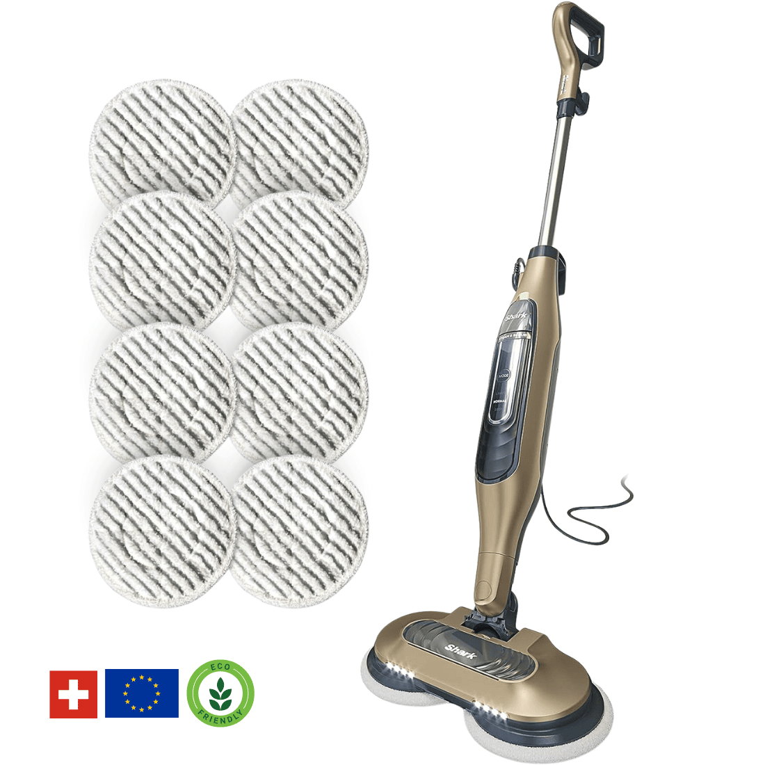 Shark® damp- og skuremopp – alt-i-ett med LED, XL-tank og 8 pads