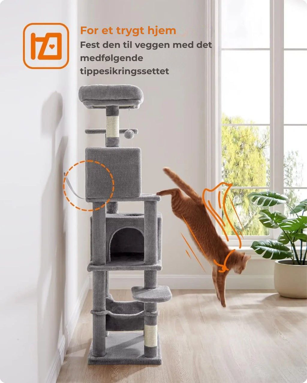 Feandrea kattetre 154 cm - Plysj klatretårn med 5 klorestolper, 2 plattformer