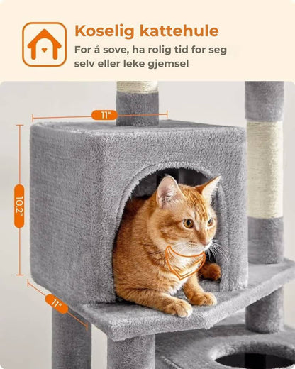 Feandrea kattetre 154 cm - Plysj klatretårn med 5 klorestolper, 2 plattformer