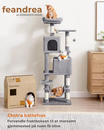 Feandrea kattetre 154 cm - Plysj klatretårn med 5 klorestolper, 2 plattformer