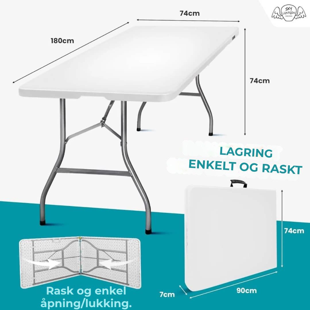 Hvitt rektangulært sammenleggbart bord 180x74x74 cm