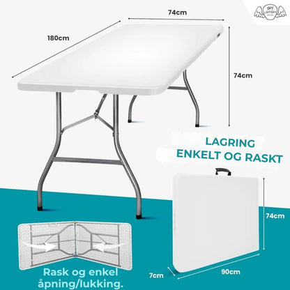 Hvitt rektangulært sammenleggbart bord 180x74x74 cm