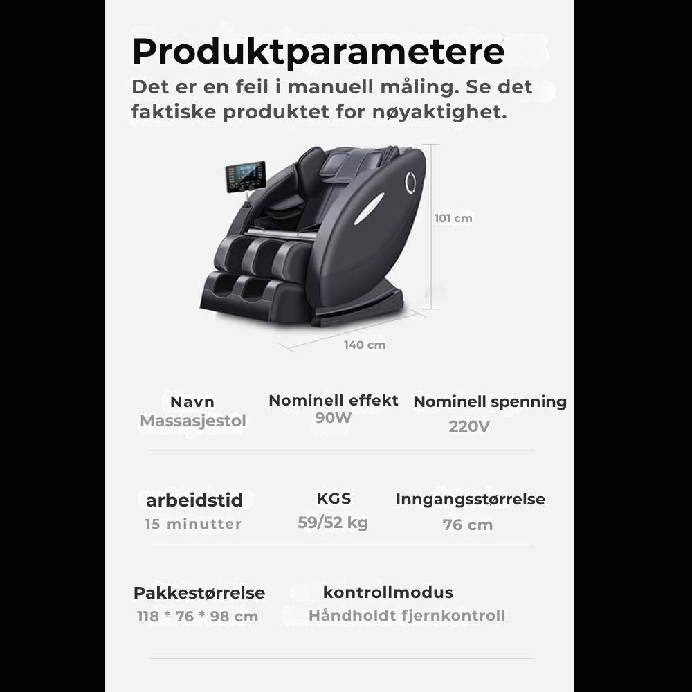 Massasjestol A5 – Varmeterapi, AI-styring, Zero Gravity og berøringsskjerm